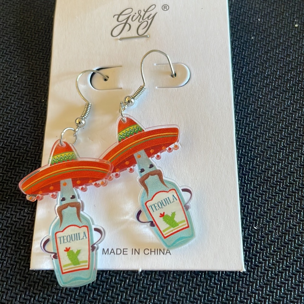Girly Sombrero wearing Tequila Bottle Costume Jewelry Earrings